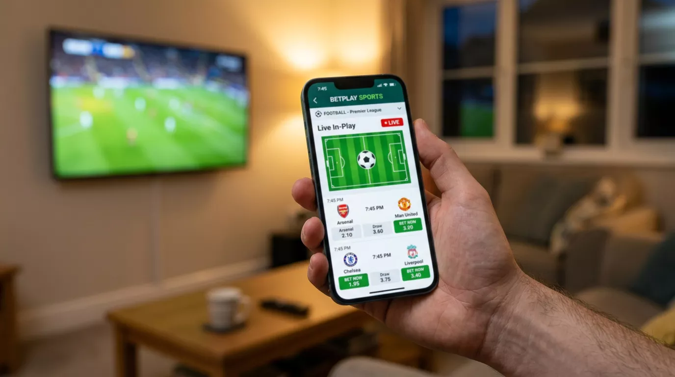 Hånd der holder en smartphone med en dansk betting-app åben og viser odds på en fodboldkamp