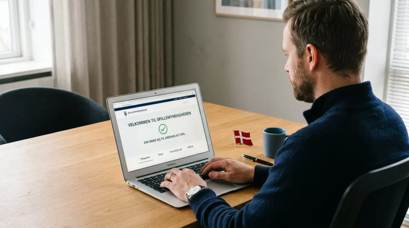 Person der verificerer en dansk spillicens på Spillemyndighedens hjemmeside via bærbar computer