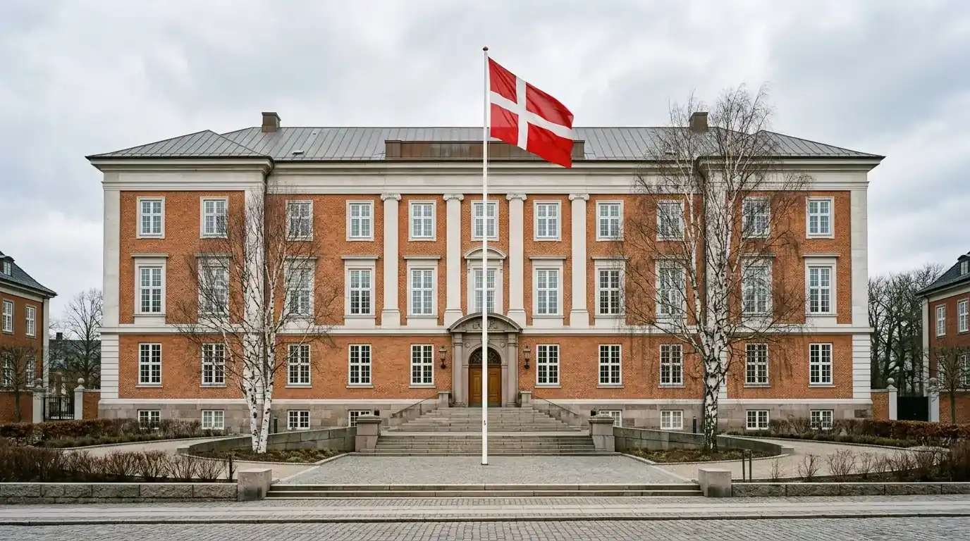 Officiel bygningsfacade med dansk flag der symboliserer Spillemyndighedens regulatoriske tilsyn